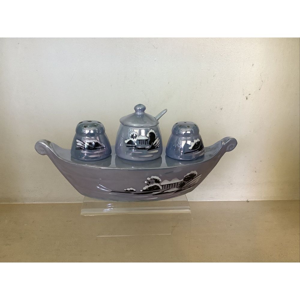 Vintage Japanese Lusterware Condiment Set Salt Pepper Mustard Floral